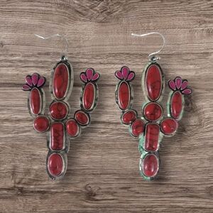 Western Red Stone Cactus Blossom Earrings New